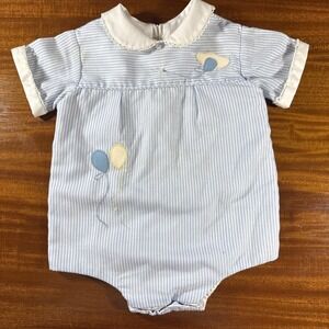 Vintage Jayne Copeland Baby Boy Romper 6M Blue Pinstripe Balloon Peter Pan Colla
